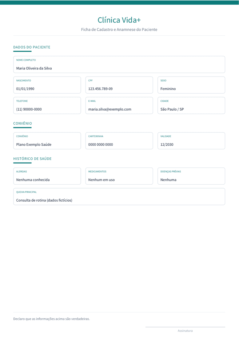 Ficha cadastral de Clínica e saúde gerada automaticamente em PDF