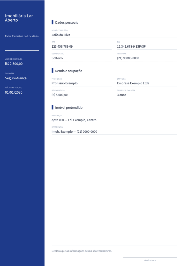 Ficha cadastral de Imobiliária gerada automaticamente em PDF
